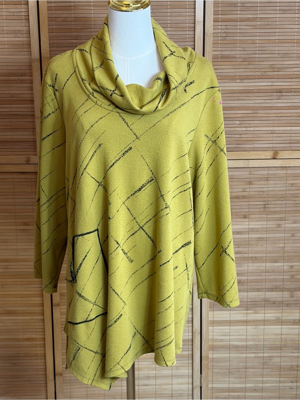 Women's Green Cowl Neck Sweater Tunic Art Print Lagenlook XL